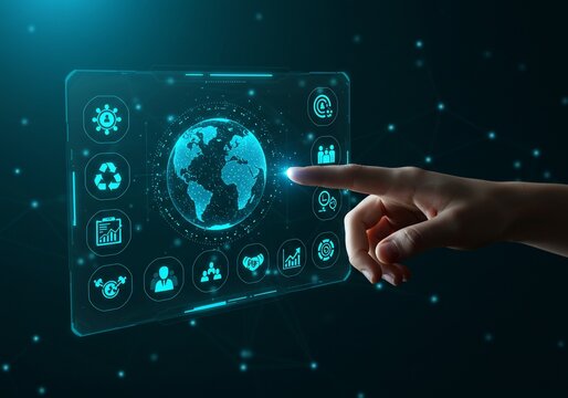 Digital Earth Interface: Finger Interacting with Holographic Globe and Business Icons