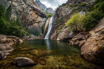 Wide Angle View of Craggy Cliffs and Sheer Rock Waterfall