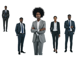 Diverse group of business professionals in formal attire standing confidently isolated on transparent background