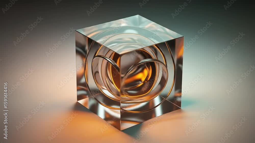 Poster abstract glass cube sculpture with swirling patterns and warm lighting, creating a modern artistic e