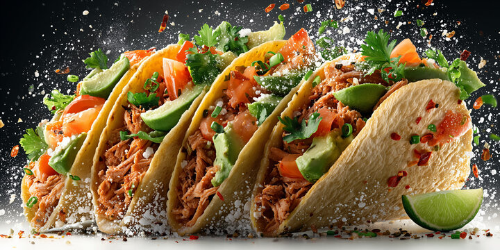Four tacos with delicious filling of tuna, avocado, tomatoes and green herbs with pieces of lime and spices floating in the air 