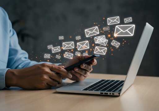 Email Marketing: Man Using Phone and Laptop with Glowing Envelope Icons