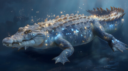 Bioluminescent Fantasy Sea Crocodile in Crystal Ocean Depths
