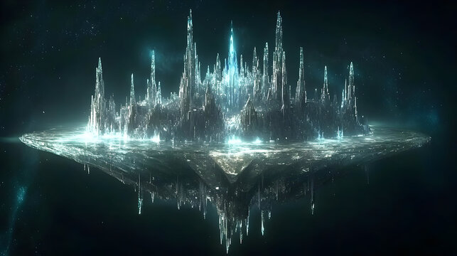 Floating crystal city in a dark cosmos.  Towering structures, luminous, and otherworldly.  Floating island