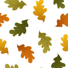 Fototapeta premium Seamless pattern with hand drawn oak leaves in autumn colors. Vector design for fabric prints, wrapping paper, wallpaper, fall scrapbooking, eco packaging. Orange, red textured oak leaves background