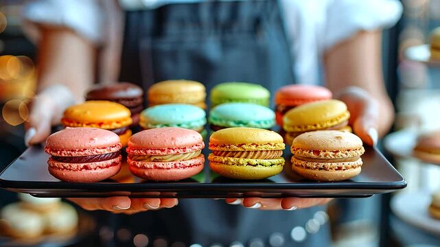Colorful macarons displayed on a tray at a caf?