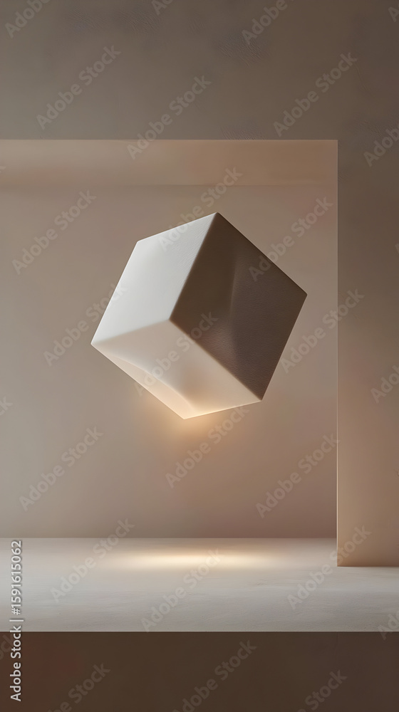 Poster a pristine white cube floats in a beige-toned minimalist setting. soft light highlights the cube's f