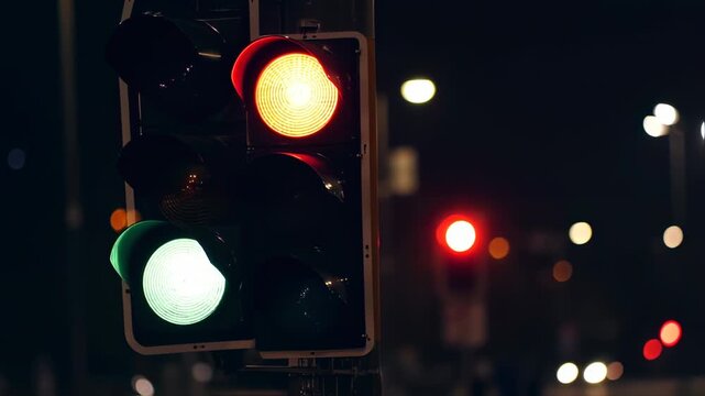 Illuminated Traffic Signals at Night, Showing Green, Yellow and Red Lights, Guiding Vehicles