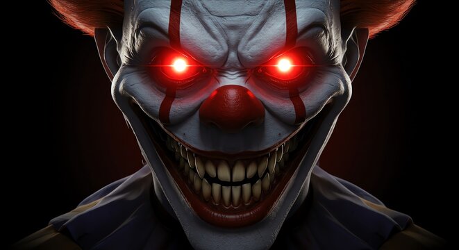 Creepy clown face with red eyes and sharp teeth against dark background