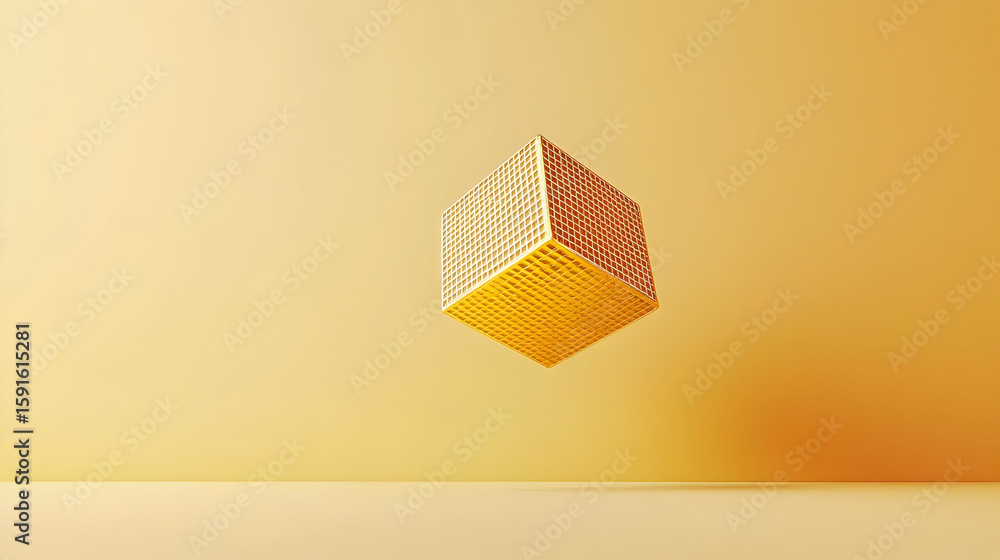 Poster floating golden cube on a pale yellow background. detailed, textured cube in a simple minimalist set