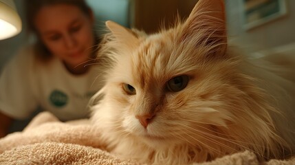 Obraz premium Gentle Close-up of a Fluffy Cream Cat with Green Eyes and Blurred Owner in Warm Light