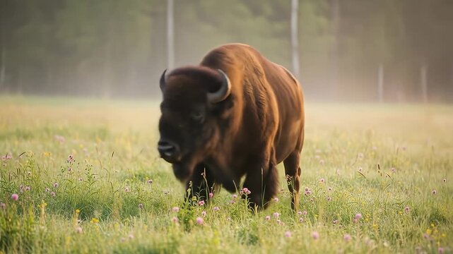 Wild European Bison Walking in Morning Field