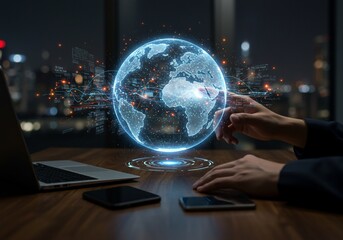 Glowing Earth Hologram with Data Streams and Hands on Desk at Night