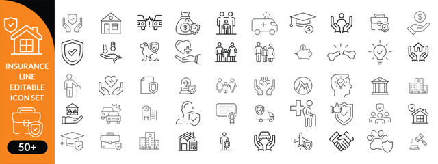 Insurance line editable icon set. Contain icons related to Insurance, protection, care, safety, assurance, and more. Editable stroke. Vector illustration big icon set