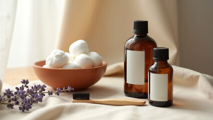 Zero-waste beauty product flat lay, bamboo toothbrush with charcoal bristles beside reusable cotton rounds in terracotta bowl, minimalist brown glass bottles, dried lavender sprigs on linen.