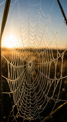 Close-up of a dew-covered spiderweb at sunrise, with individual water droplets clearly visible in the morning light. 
