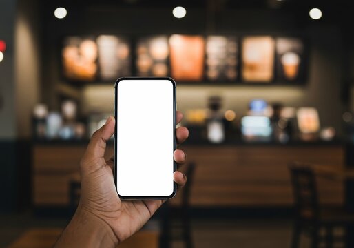 Hand holding a blank smartphone in a blurred coffee shop environment