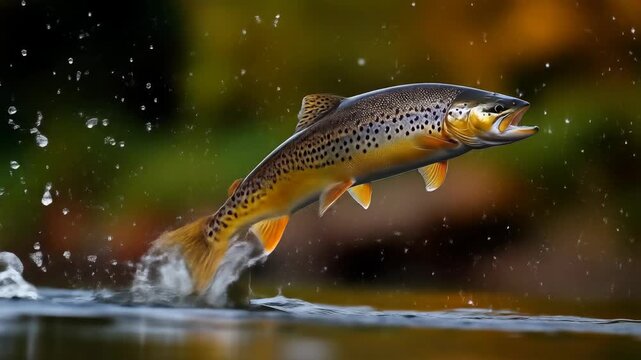 Witness the stunning moment as a wild brown trout leaps from the river, its golden hues and speckled patterns highlighted against the flowing water, embodying raw nature.