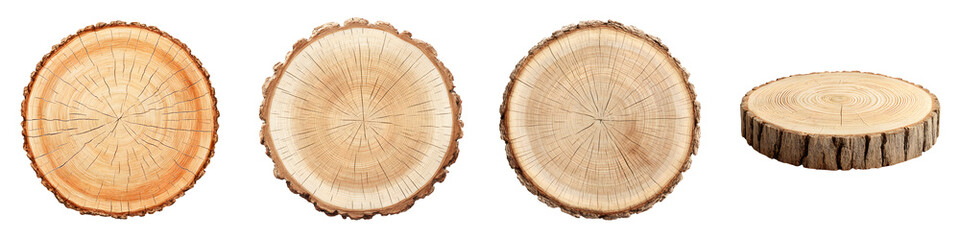 Obraz premium Rustic Wood Slices: Set of Round Tree Stumps for Crafts and Decor, Isolated on White