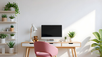 Bright workspace showcases a modern computer setup amid fresh houseplants and a stylish pink chair, creating a vibrant home office.