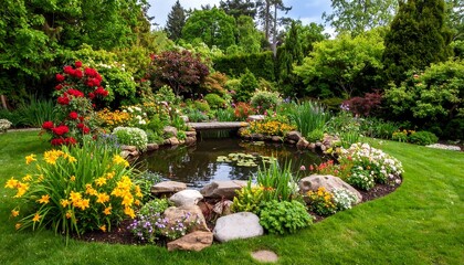 Lush garden with pond and bridge