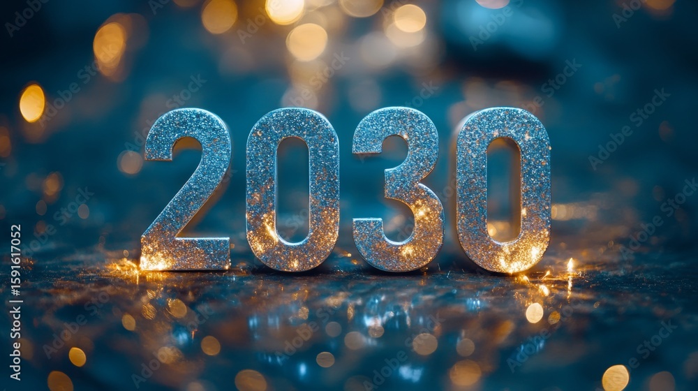 Poster elegant 2030 silver metallic numbers illuminated on dark background with bokeh and sparkles