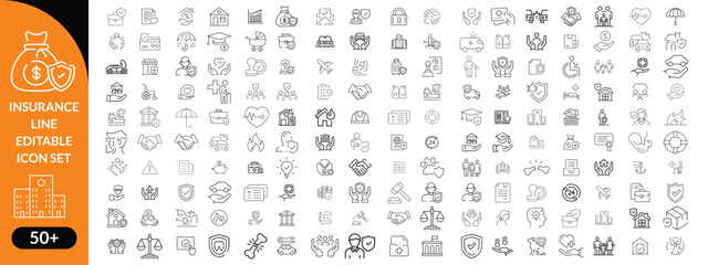Insurance line editable icon set. Contain icons related to Insurance, protection, care, safety, assurance, and more. Editable stroke. Vector illustration big icon set
