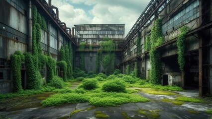Obraz premium An abandoned industrial area with old factory buildings covered in lush green moss and overgrown plants, creating a sense of nature reclaiming man-made structures. Concept of decay 