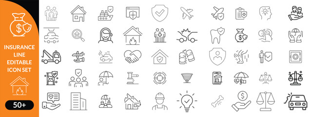 Insurance line editable icon set. Contain icons related to Insurance, protection, care, safety, assurance, and more. Editable stroke. Vector illustration big icon set