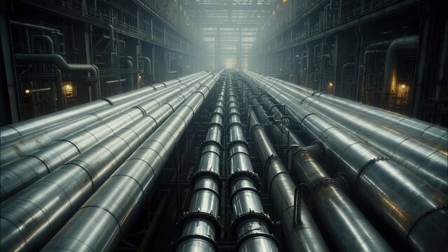 Long, parallel rows of shiny industrial pipes extending into the distance in a dark, atmospheric factory setting. Concept of industrial infrastructure