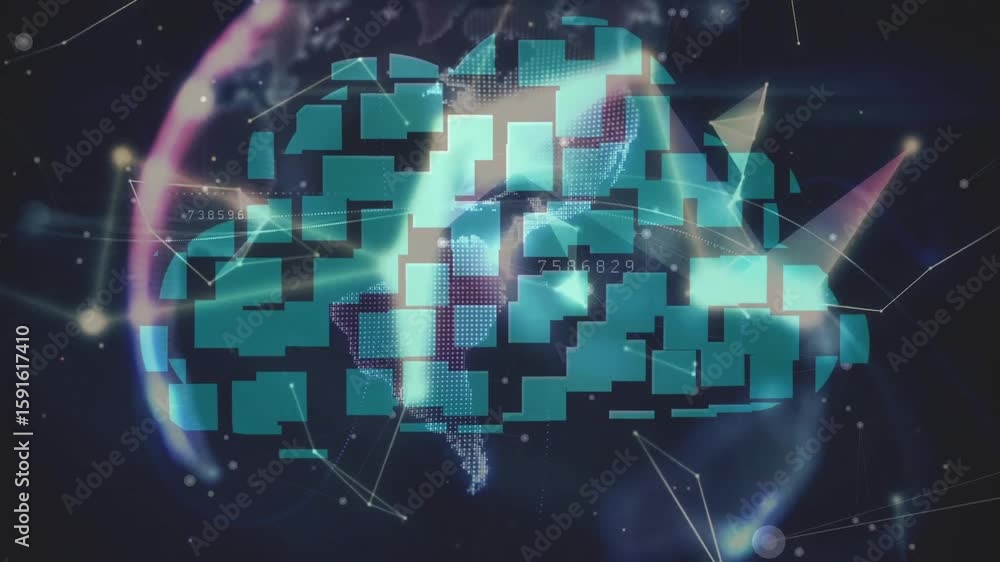 Aufkleber floating teal panels forming grid cloud over rotating wireframe globe, showing data convergence
