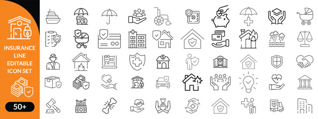 Insurance line editable icon set. Contain icons related to Insurance, protection, care, safety, assurance, and more. Editable stroke. Vector illustration big icon set