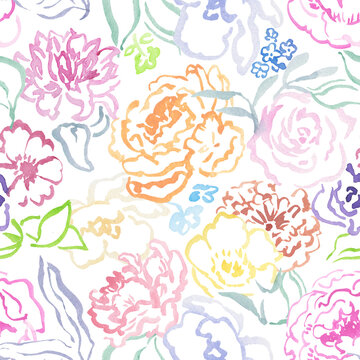 Seamless floral watercolor pattern hand drawn with lines. Seamless print with flowers in doodle style. Minimalistic, modern flowers.