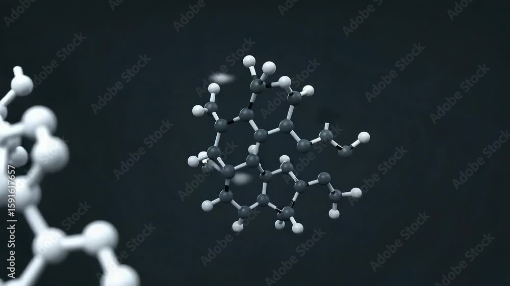 Poster abstract 3d render of molecule structure with white spheres and dark background