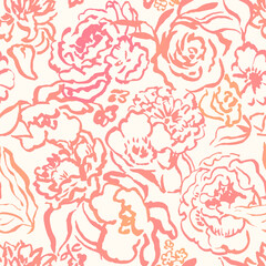 Seamless floral watercolor pattern hand drawn with lines. Seamless print with flowers in doodle style. Minimalistic, modern flowers.