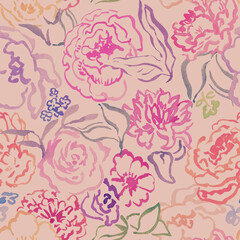 Seamless floral watercolor pattern hand drawn with lines. Seamless print with flowers in doodle style. Minimalistic, modern flowers.