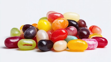 A small pile of colorful, oval-shaped jelly beans rests on a white background.  The beans exhibit a variety of translucent colors and subtle marbling