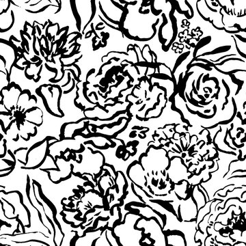 Seamless floral watercolor pattern hand drawn with lines. Seamless print with flowers in doodle style. Minimalistic, modern flowers.