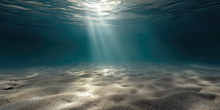Sunlight beams illuminate tranquil ocean floor with rippled sand, creating peaceful underwater scene with clear blue water and soft shadows