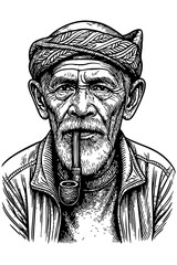 Black and White Tribal Elder Portrait – Hand-Drawn Illustration with Pipe