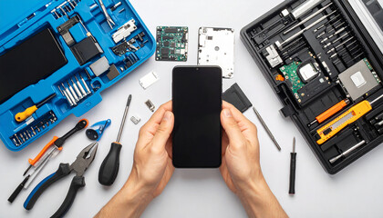 A technician is repairing a smartphone, top view of the tools and toolbox