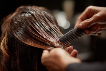 Fototapeta premium A hairdresser combing wet hair of a customer in a salon.