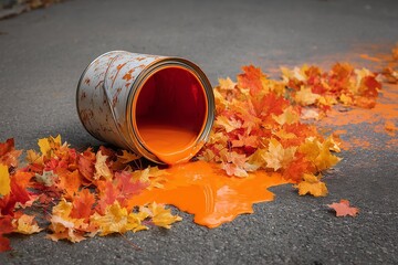 A fallen paint can with orange paint spilling and colorful autumn leaves.