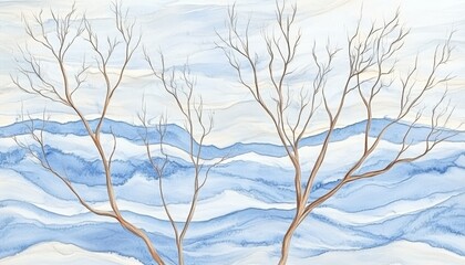 Tranquil Watercolor Illustration of Branches Against Soft Blue Waves with a Gentle Color Palette