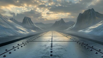 Metal road with rivets stretches through misty mountain valley under cloudy sky at sunrise creating dramatic futuristic landscape with reflective surface and rugged peaks in serene atmosphere