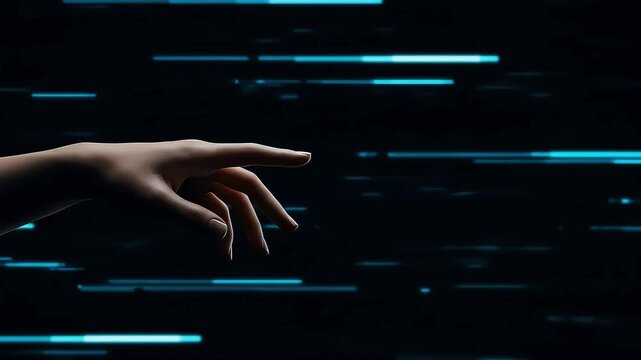 Human And Robotic Hands With Glowing Touch Pointing On Abstract Background With Blue Light Beams