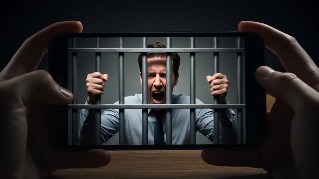 Hands Holding Smartphone Showing Imprisoned Man Behind Bars with Screaming Face and Dark Background Depicting Digital Addiction