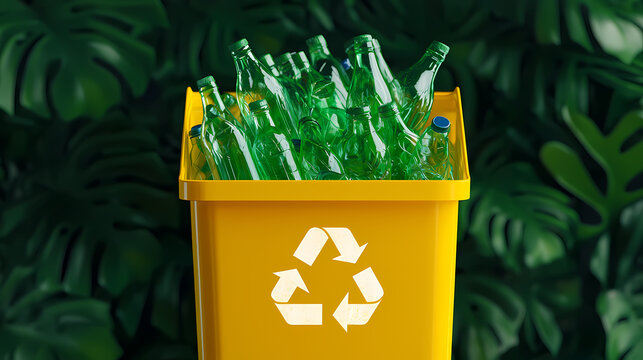 Yellow recycling bin filled with empty green glass bottles, set against a dark leafy background.
