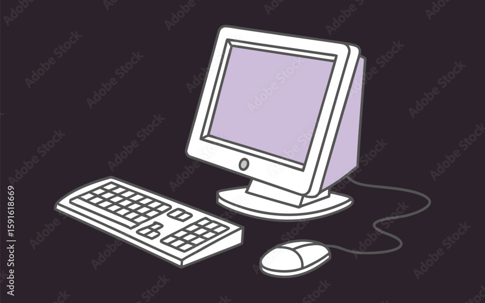 Poster minimalistic vector illustration of a desktop computer monitor keyboard and mouse with a soft purple
