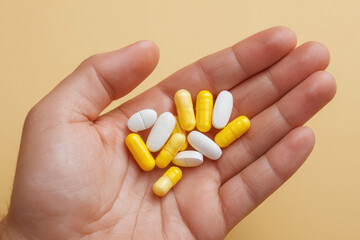 hand holding yellow and white medicine tablet